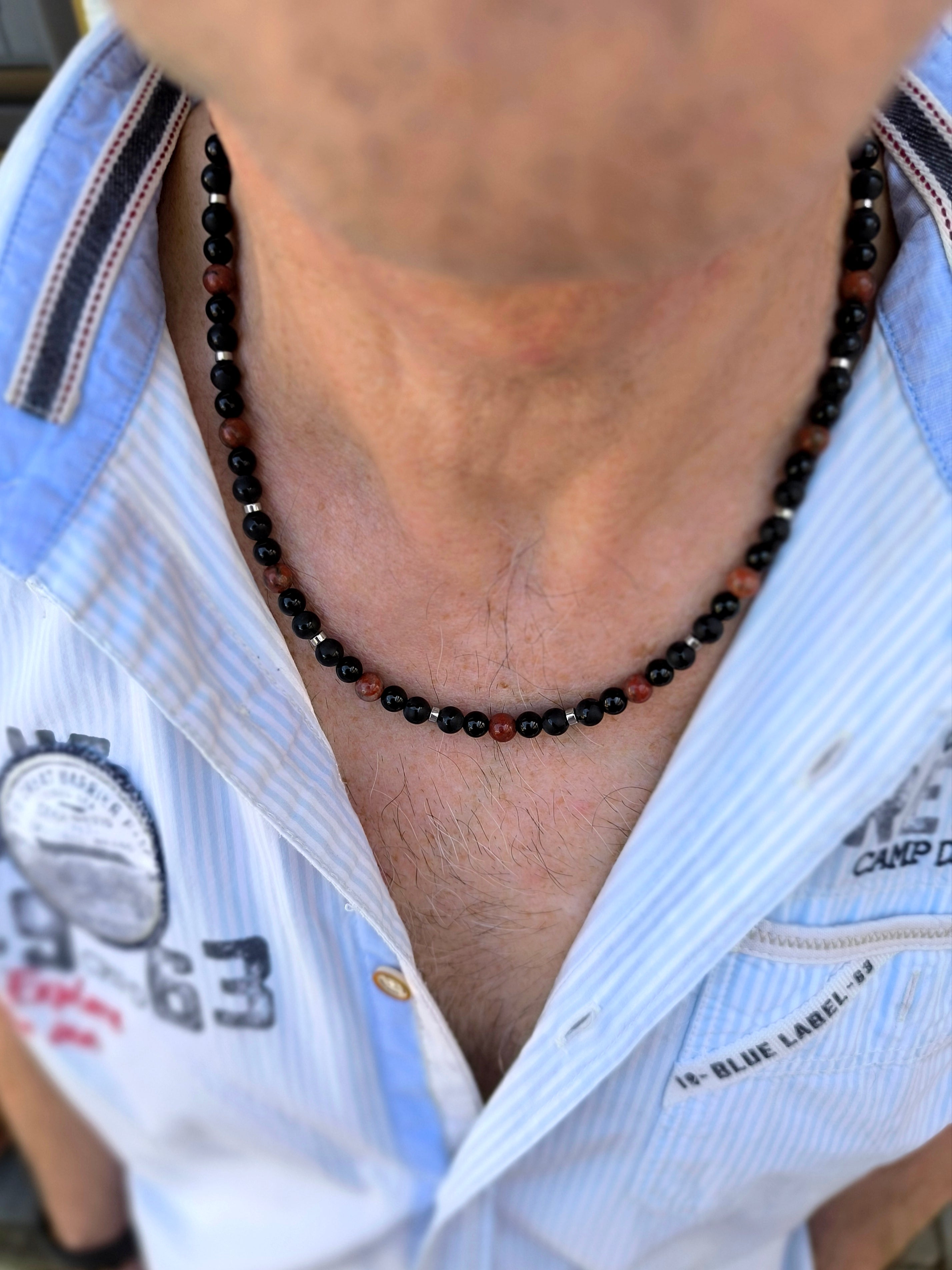 Halskette mit schwarzem Achat, Jaspis & Hämatit