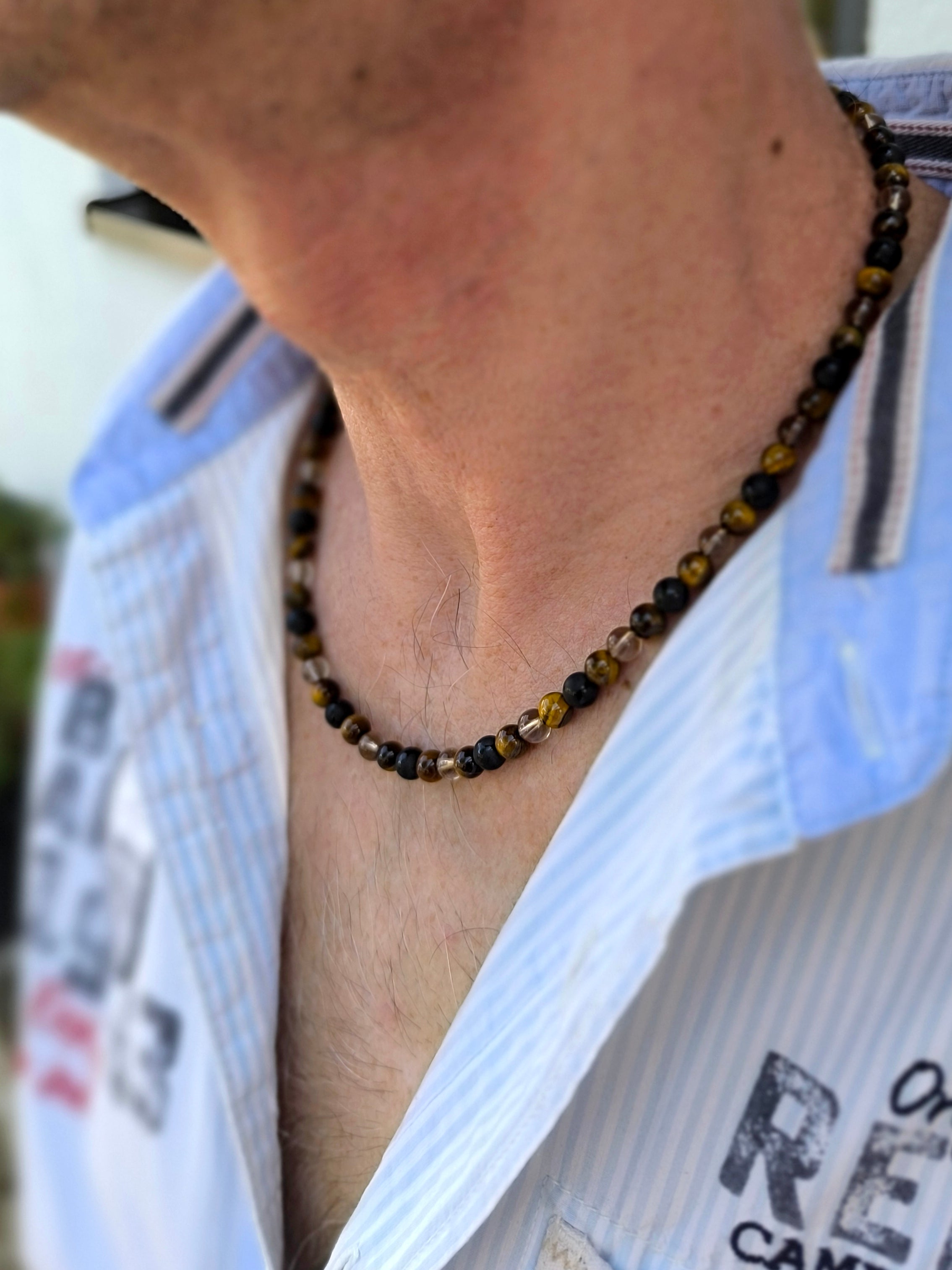 Herren Halskette aus Tigerauge, Achat und Rauchquarz