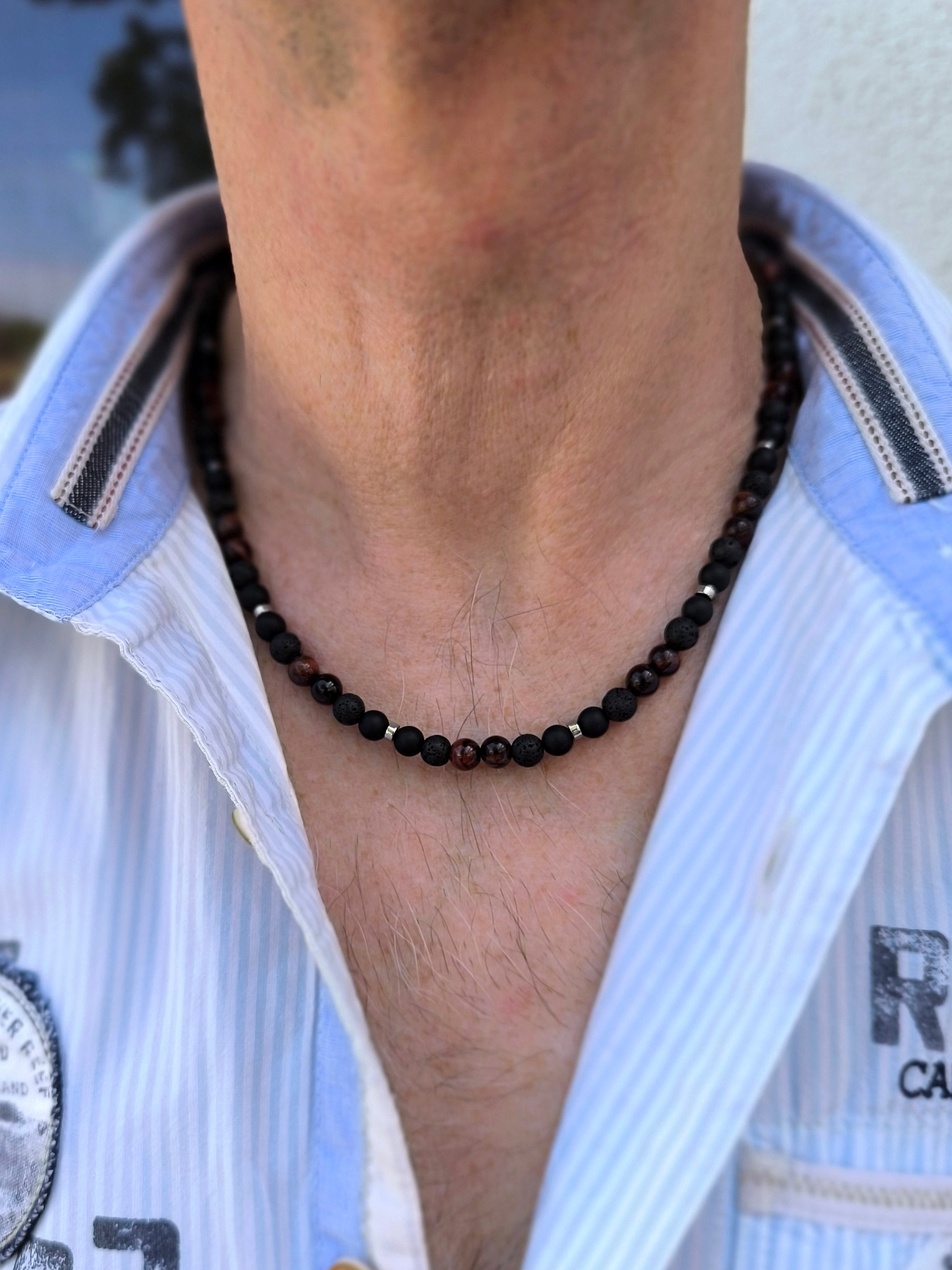 Edelsteinkette mit Achat, Hämatit, Tigerauge und Lavastein