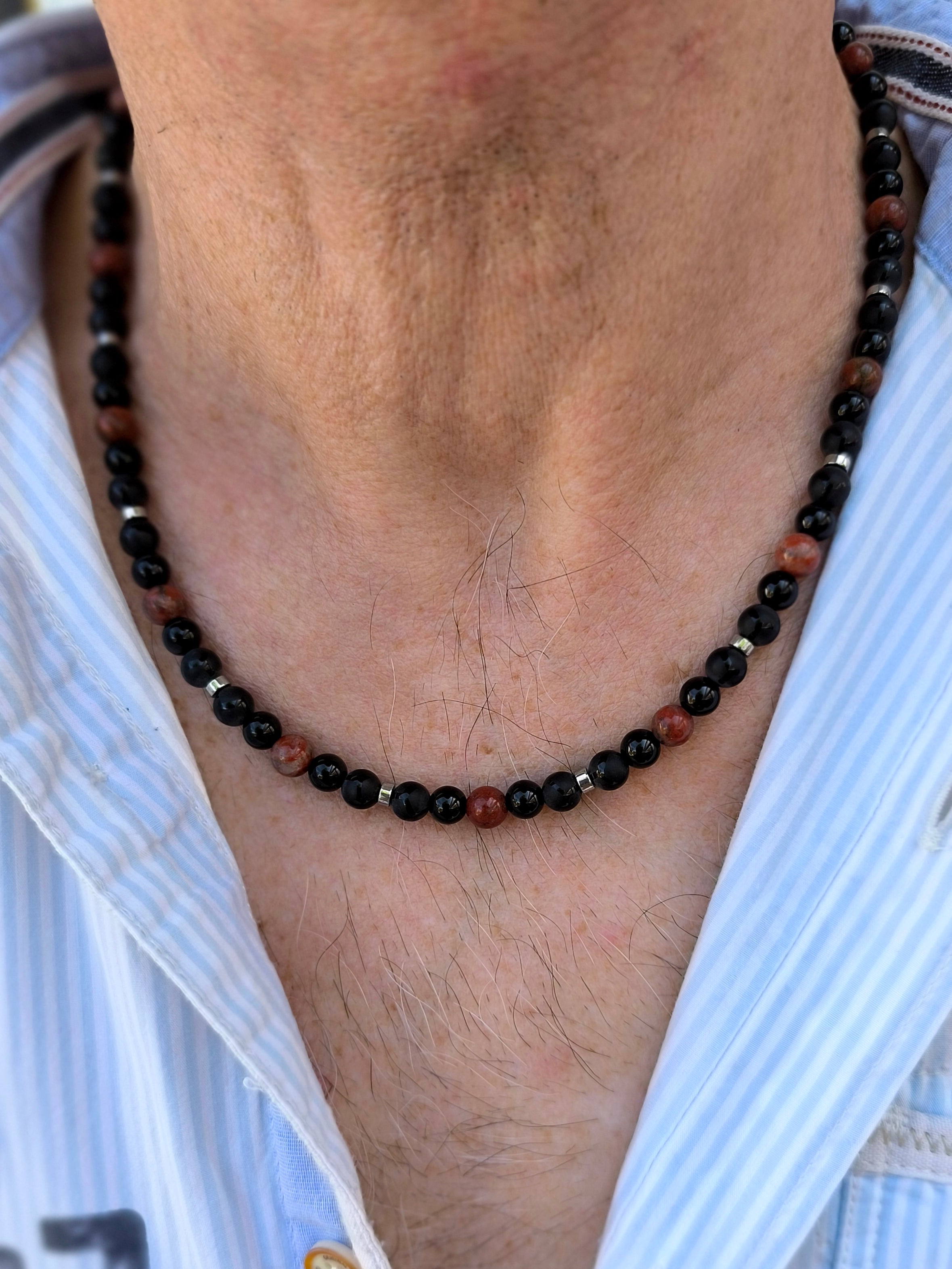 Halskette mit schwarzem Achat, Jaspis & Hämatit