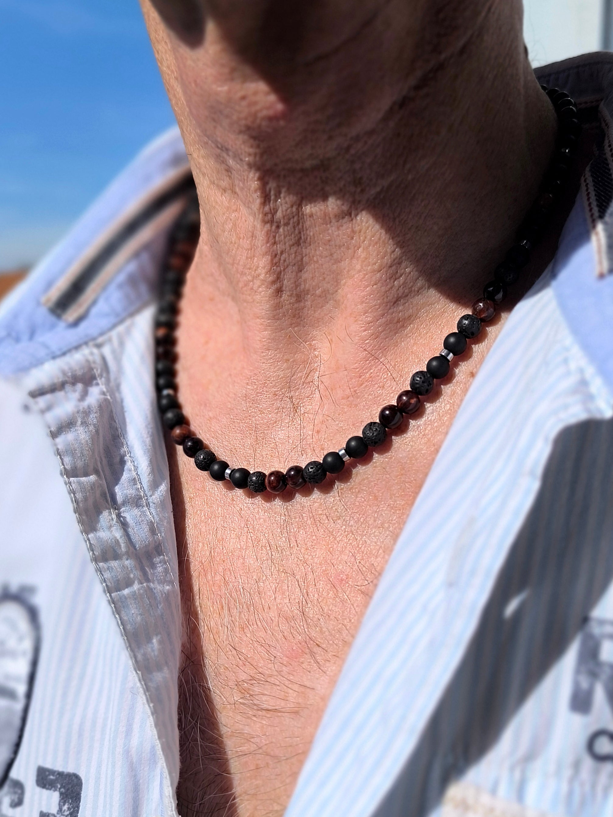 Edelsteinkette mit Achat, Hämatit, Tigerauge und Lavastein