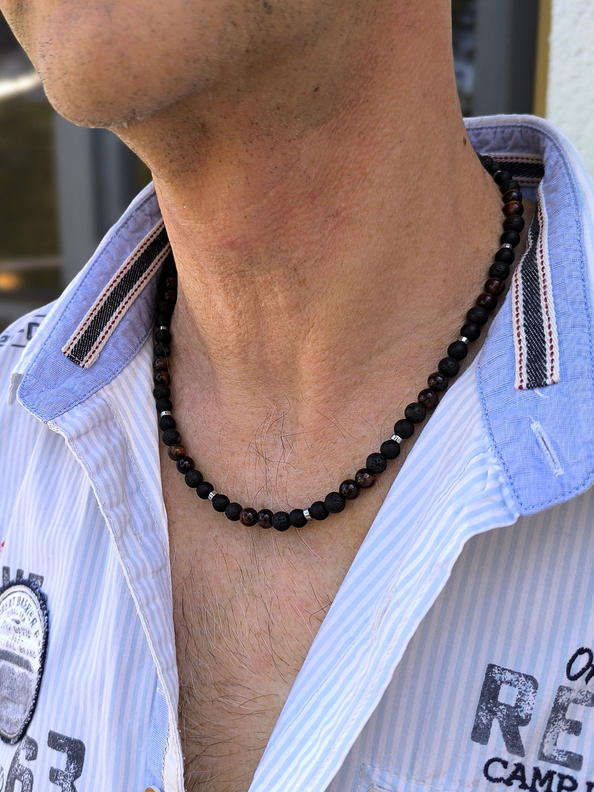 Edelsteinkette mit Achat, Hämatit, Tigerauge und Lavastein