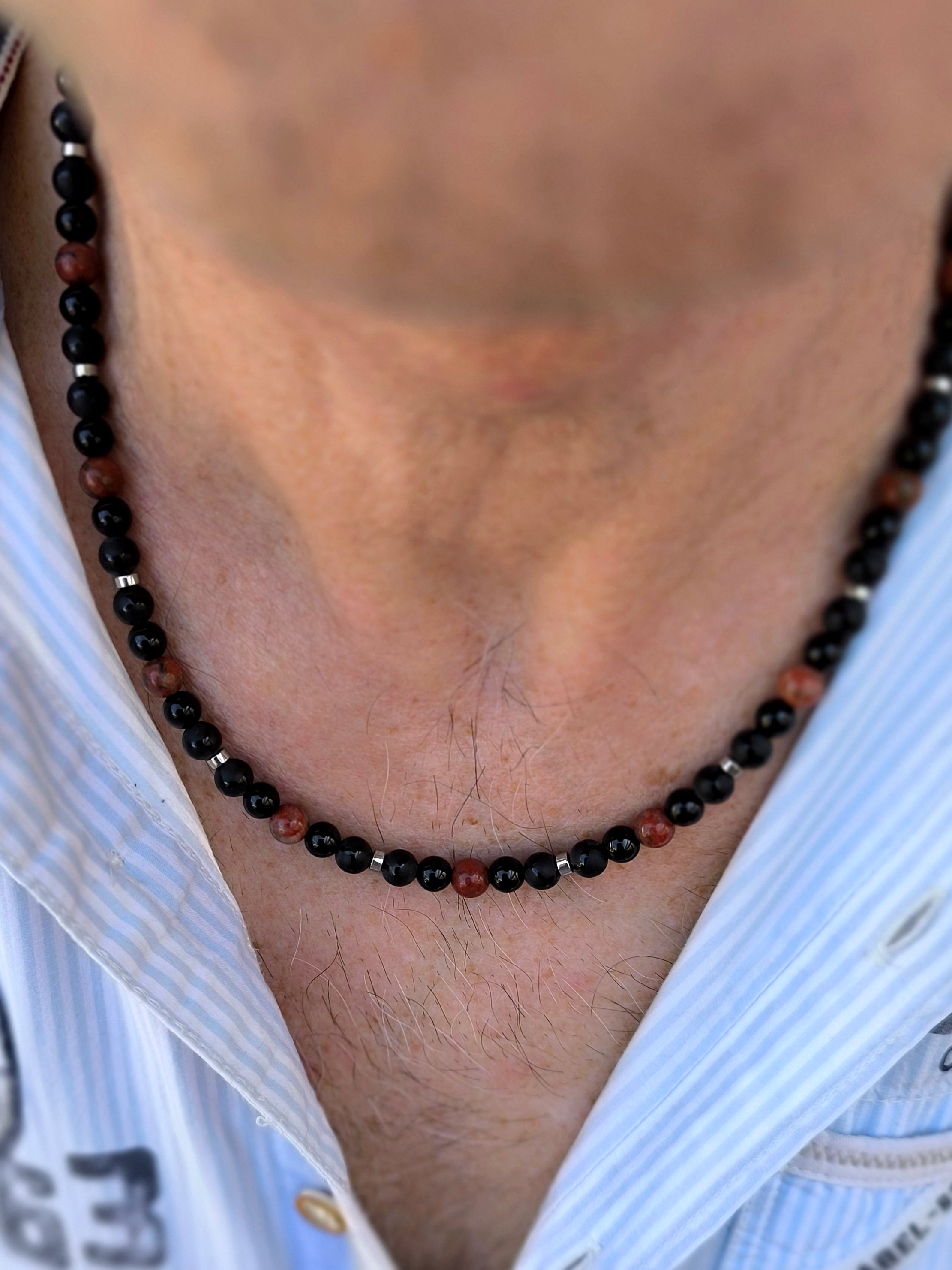 Halskette mit schwarzem Achat, Jaspis & Hämatit