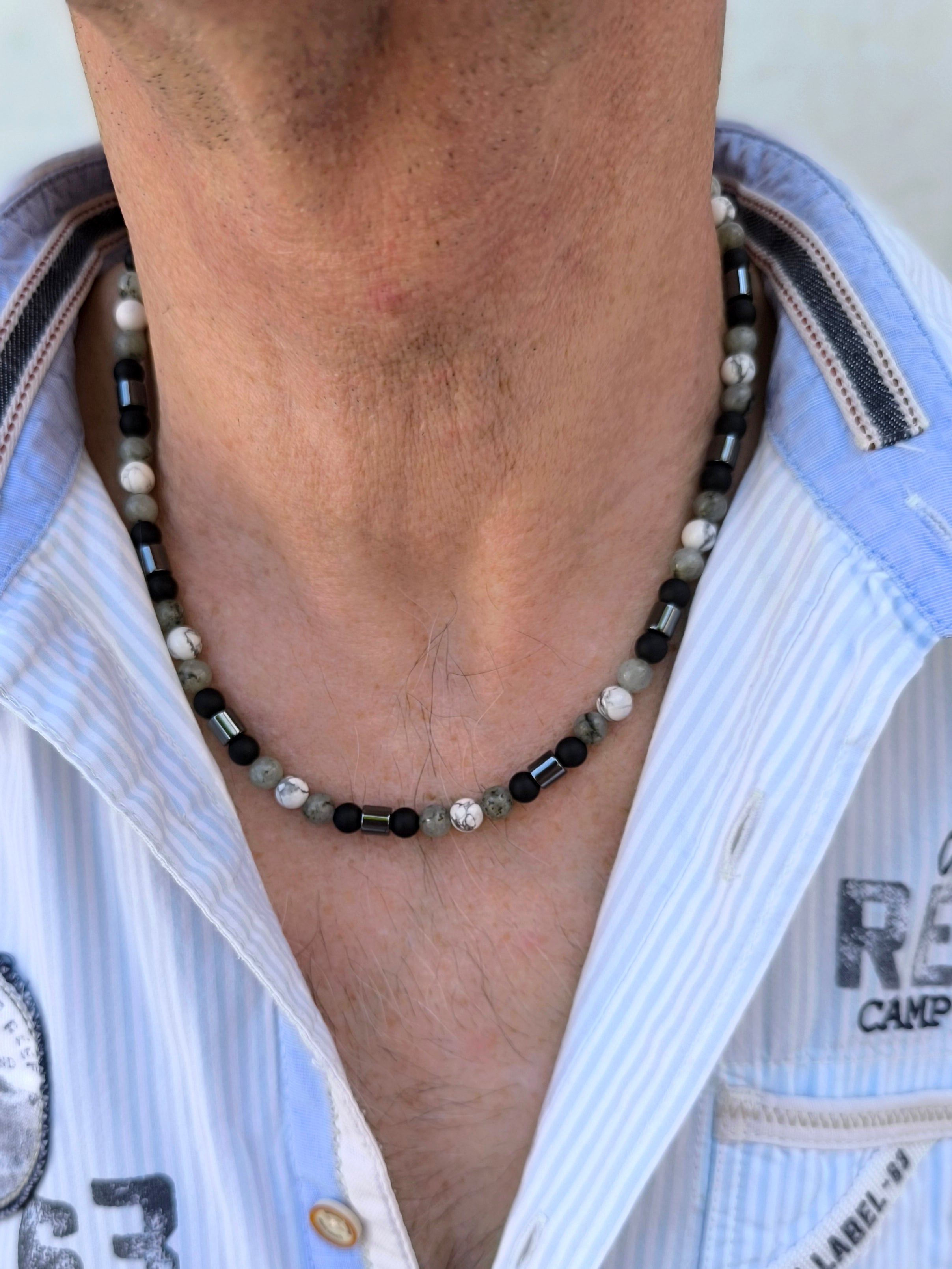 Achat, Howlith & Labradorit Kette mit Hämatit