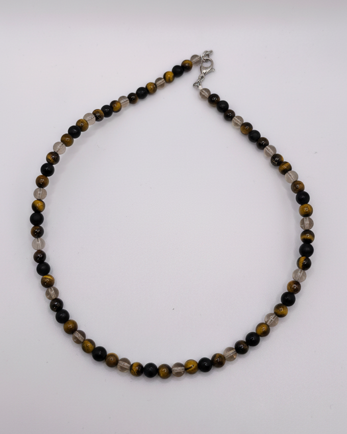 Herren Halskette aus Tigerauge, Achat und Rauchquarz