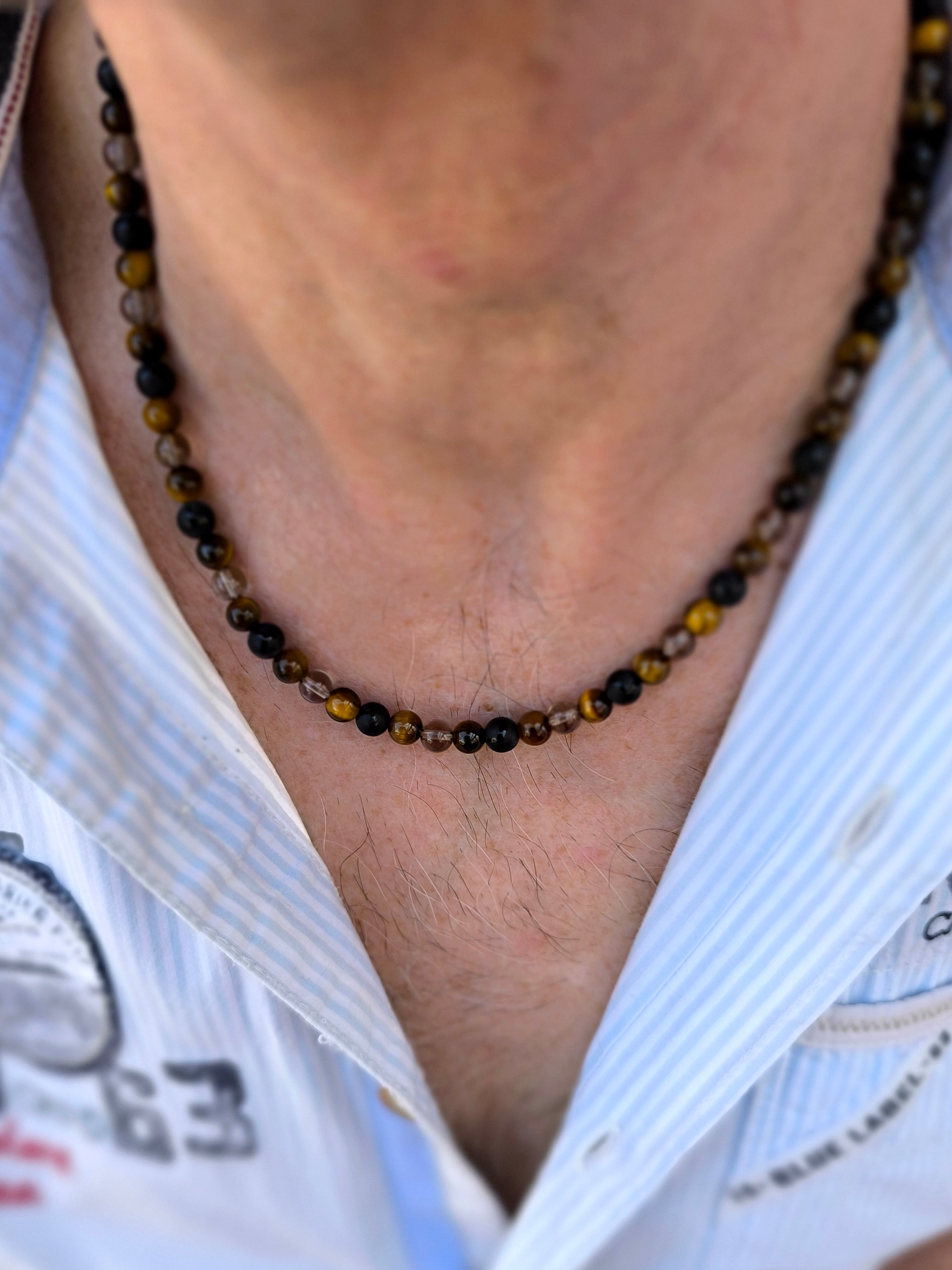 Herren Halskette aus Tigerauge, Achat und Rauchquarz