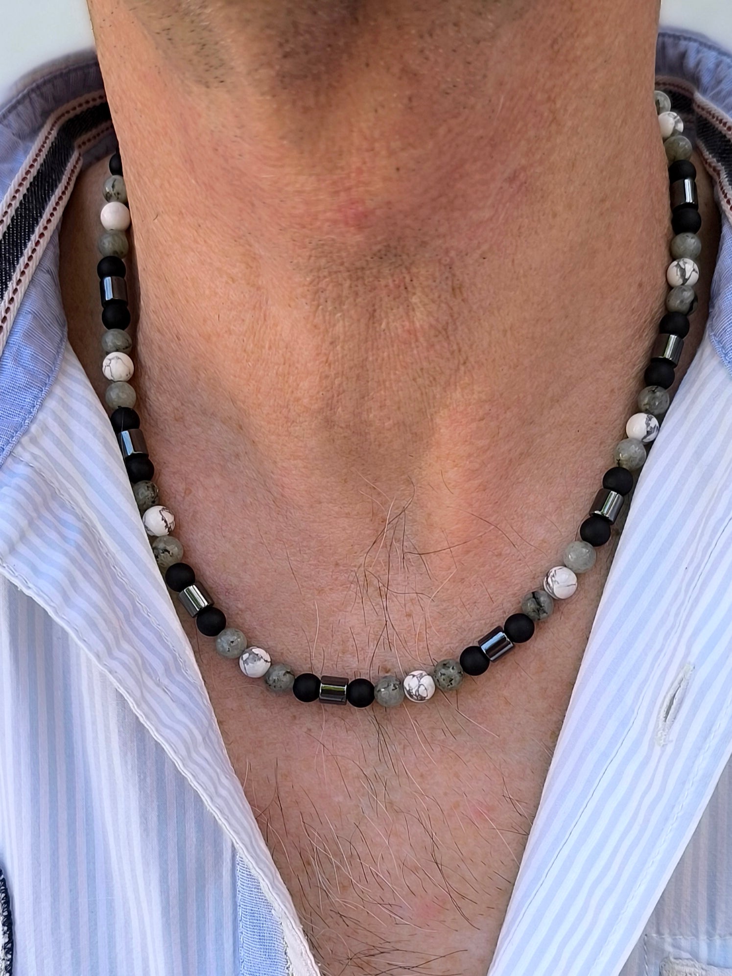 Achat, Howlith & Labradorit Kette mit Hämatit