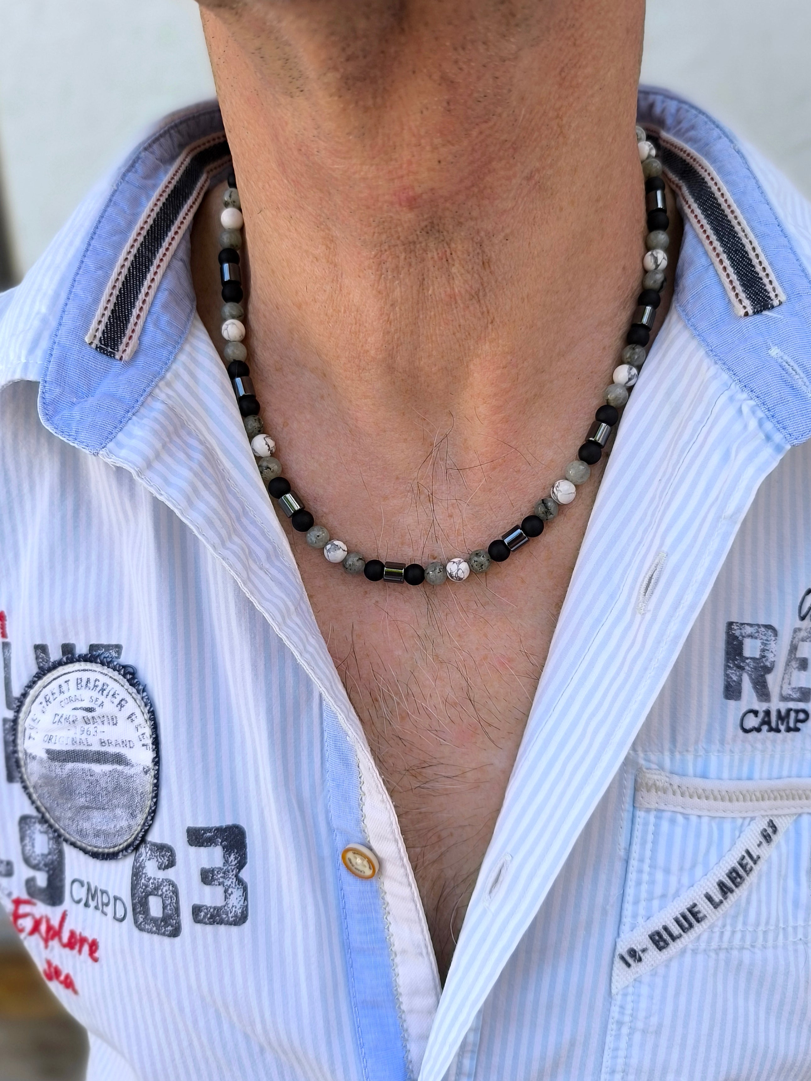 Achat, Howlith & Labradorit Kette mit Hämatit