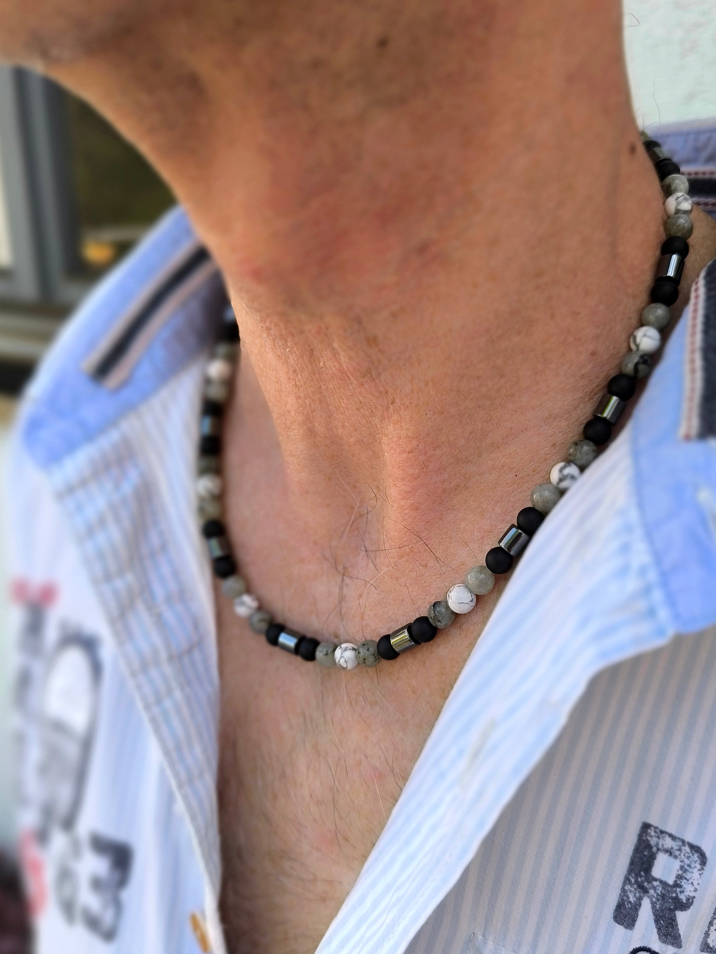 Achat, Howlith & Labradorit Kette mit Hämatit