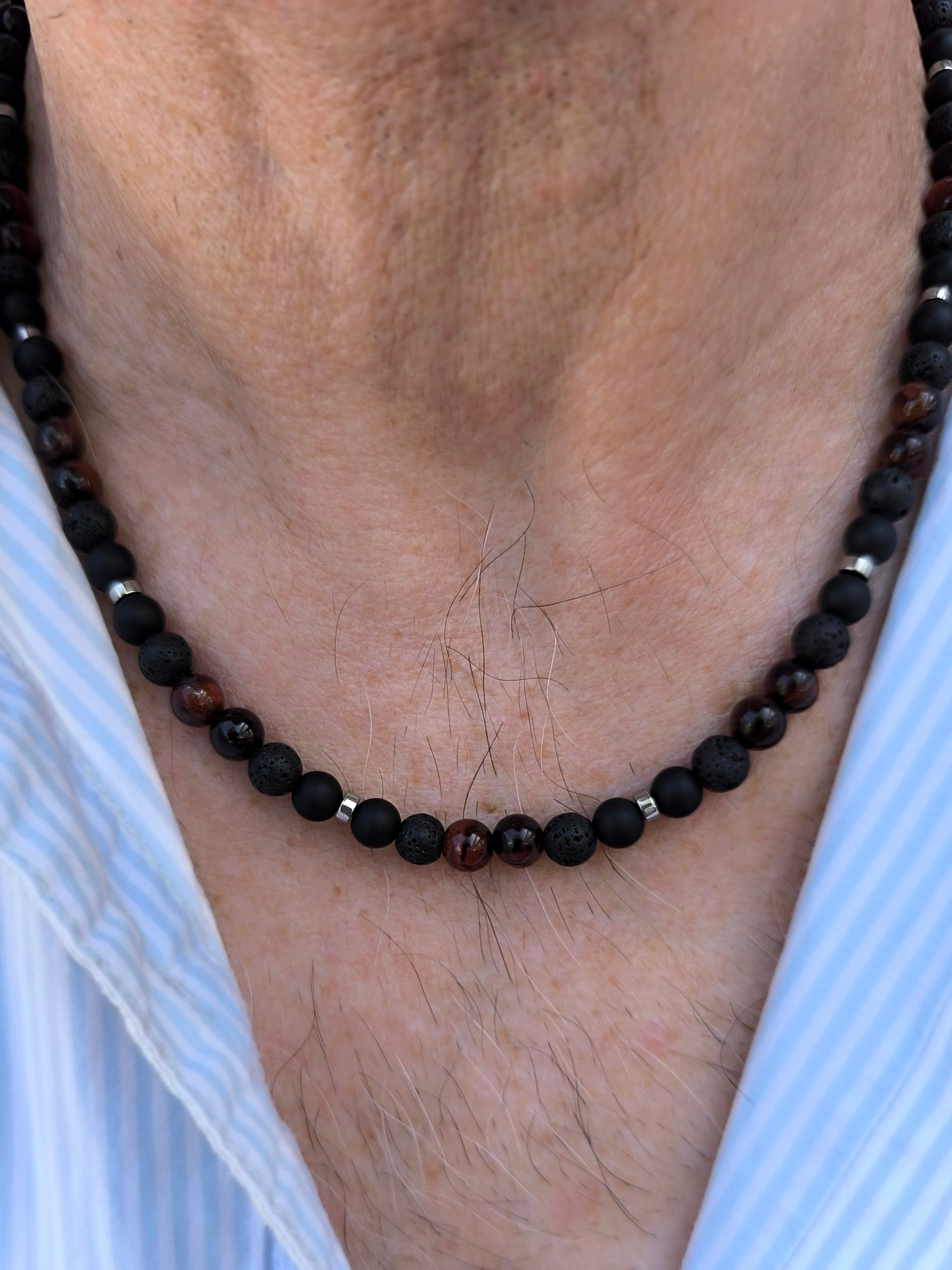 Edelsteinkette mit Achat, Hämatit, Tigerauge und Lavastein