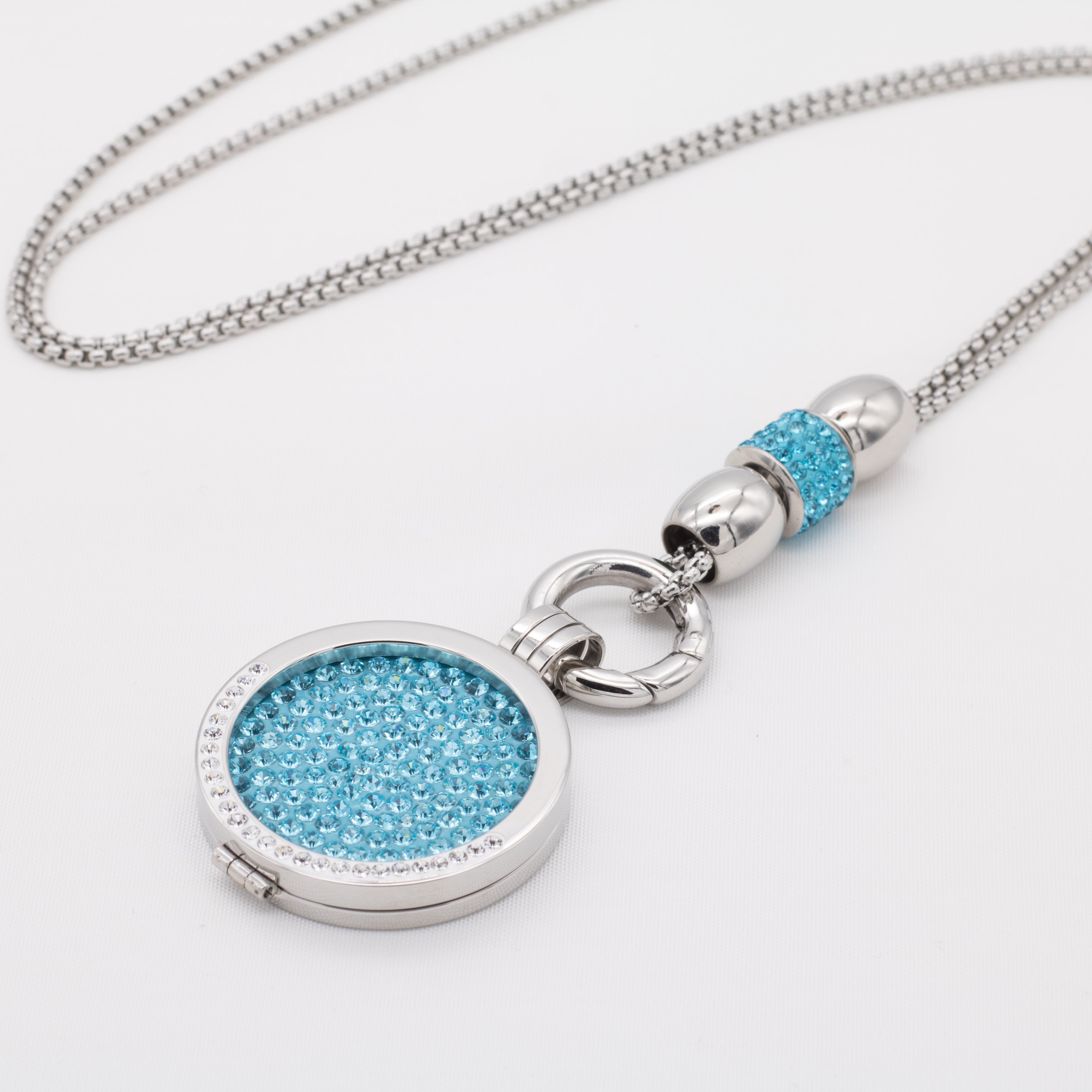 Lange Kette Silber - Edelstahlschmuck mit Kristall Anhänger Blau