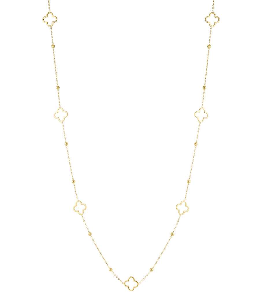Lange Halskette mit integrierten Kleeblättern und kleinen, goldenen Perlchen