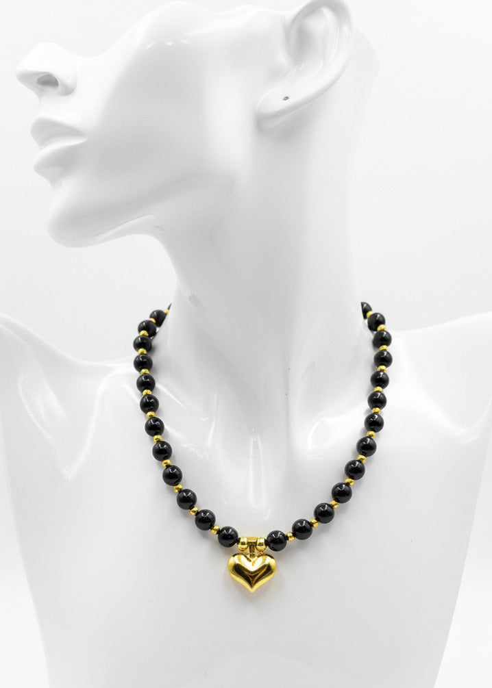 Schwarze Achat Perlen Kette mit Herz