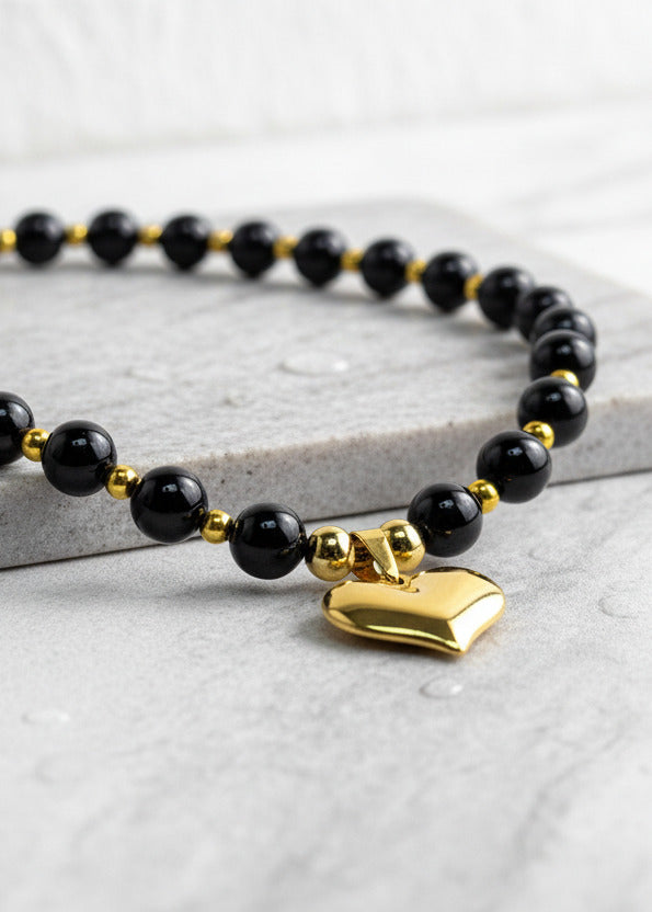Schwarze Achat Perlen Kette mit Herz