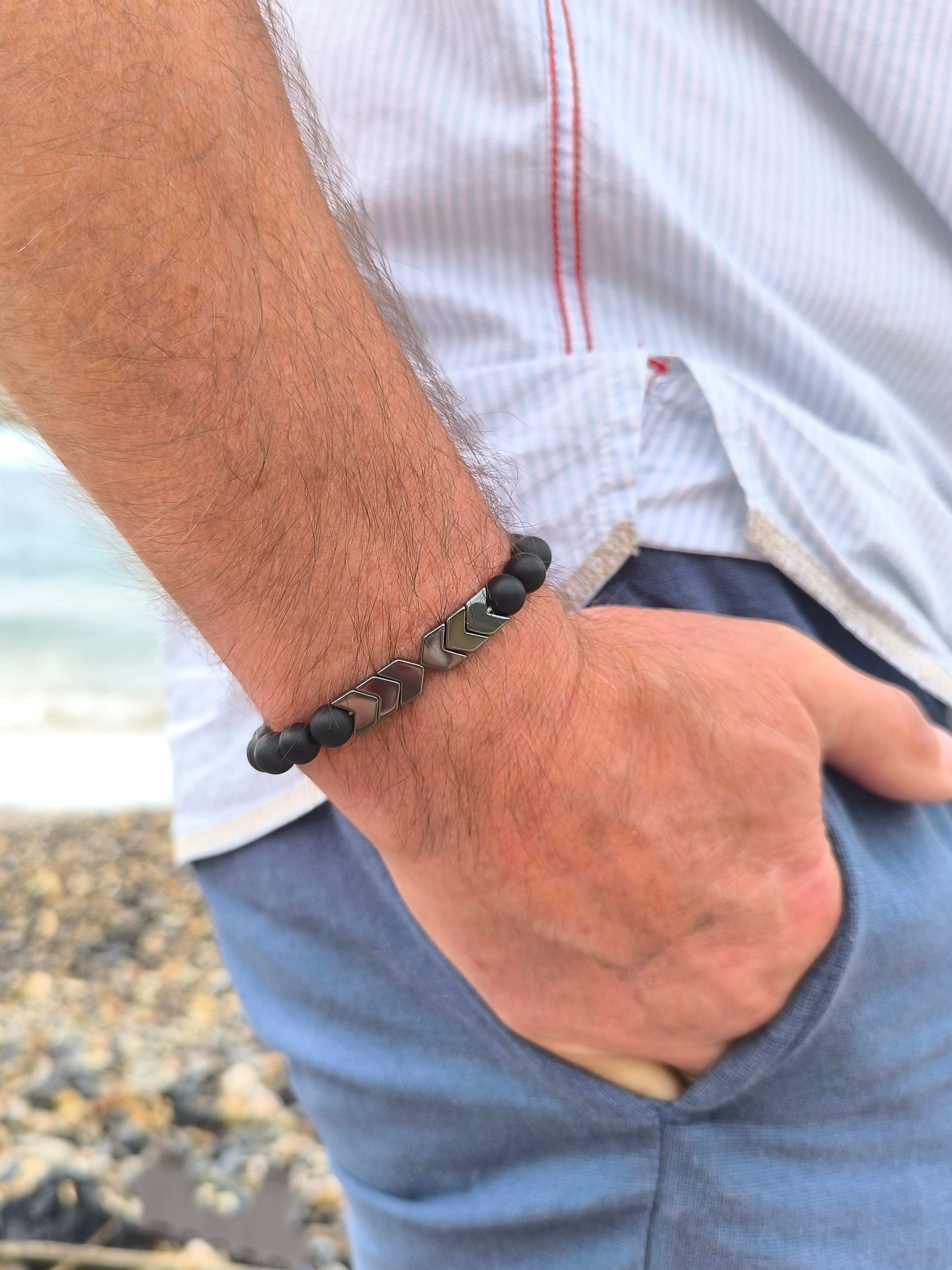 Armband mit schwarzem Achat und Hämatit 6mm