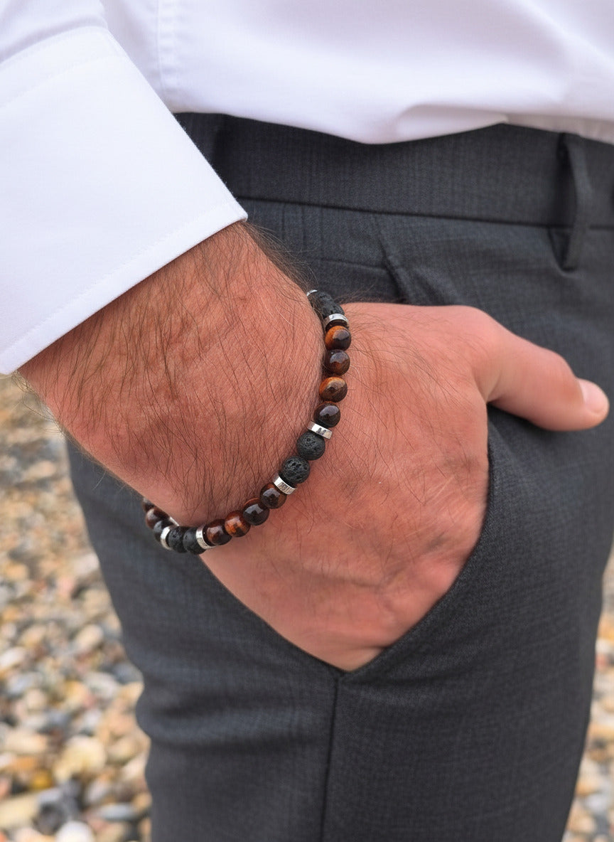 Armband mit roten Tigeraugen - und schwarzen Lavaperlen