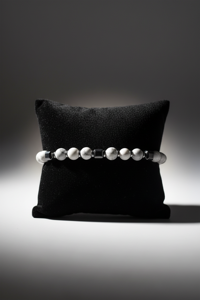 Armband mit weissen Howlith - und Hämatitperlen
