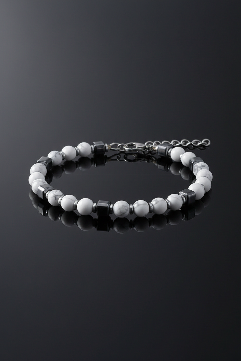 Armband mit weissen Howlith - und Hämatitperlen