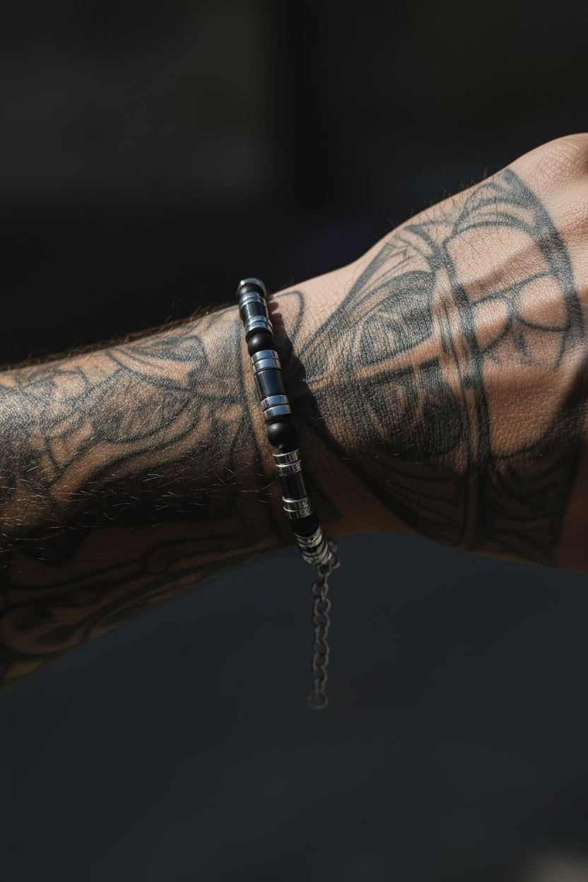 Armband mit schwarzen Achat matt- und Hämatitperlen
