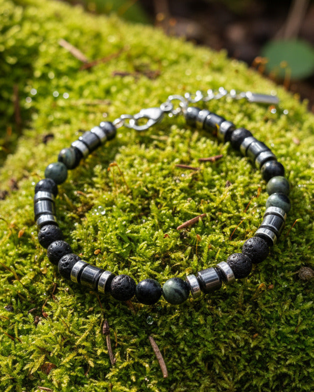Armband mit Moosachat, Lava - und Hämatitperlen