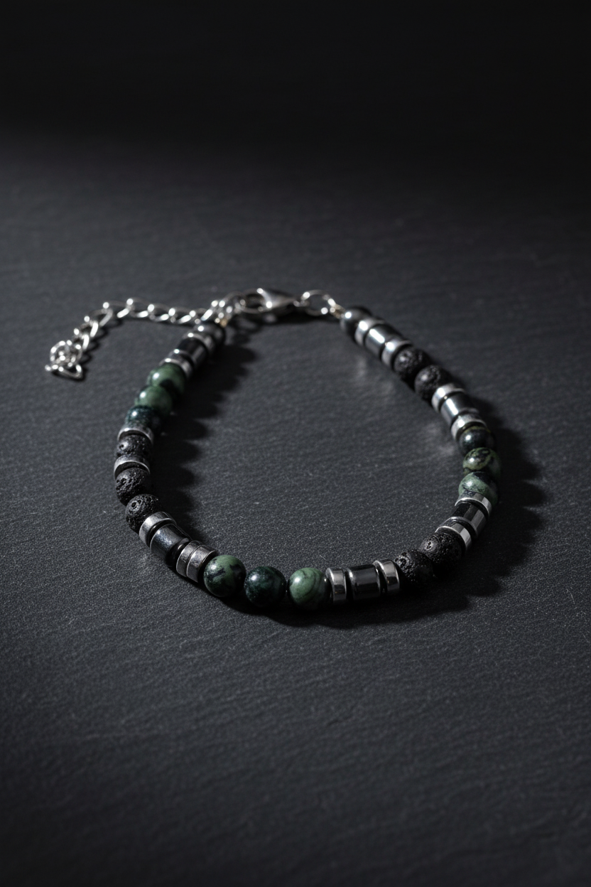 Armband mit Moosachat, Lava - und Hämatitperlen