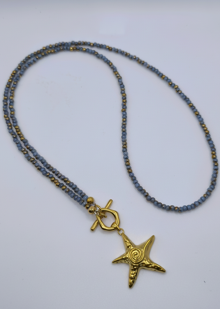 Lange Halskette mit kleinen Perlchen hellblau/gold