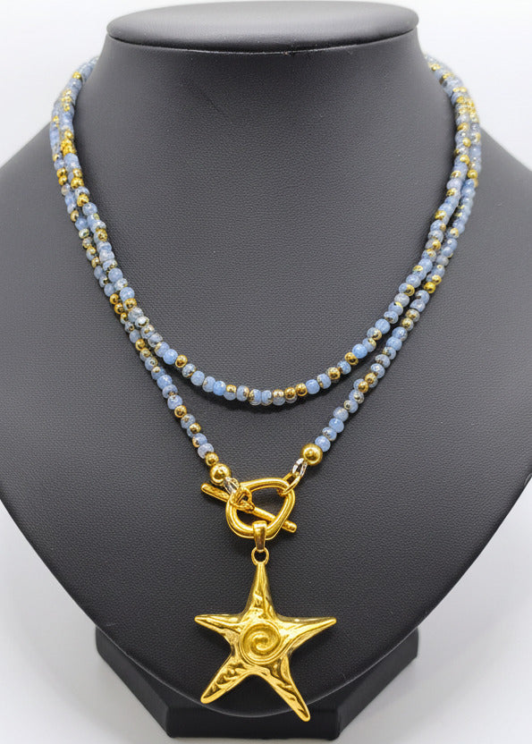 Lange Halskette mit kleinen Perlchen hellblau/gold