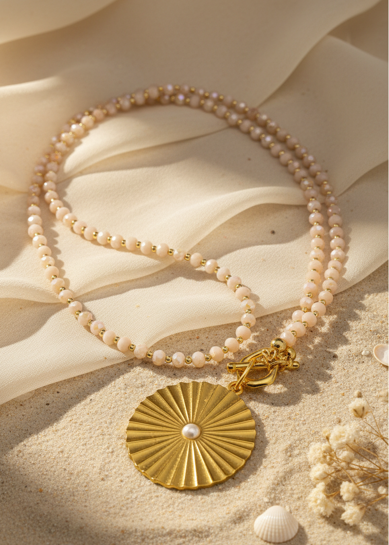 Lange Perlen Halskette pastell apricot/gold