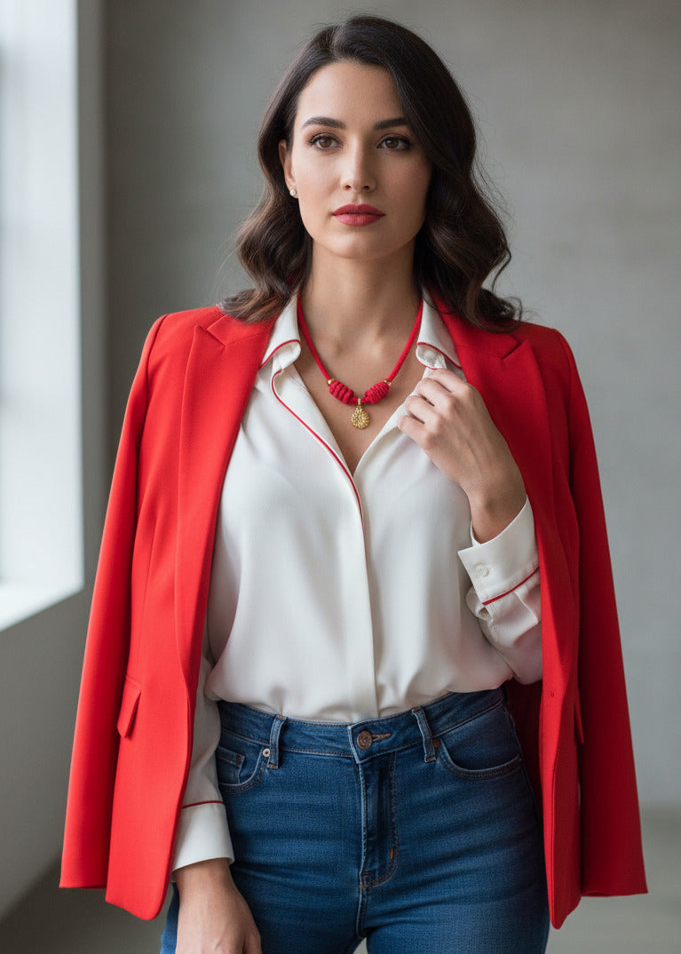 Halskette aus Seil rot mit Muschelanhänger aus Edelstahl gold