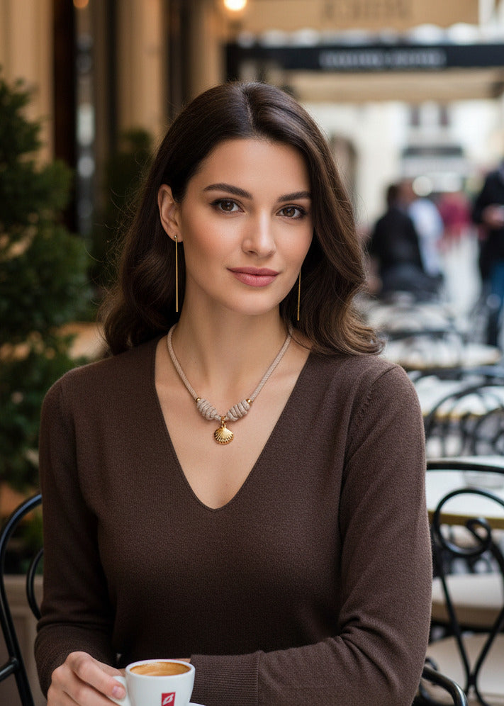 Halskette aus Seil beige mit Muschelanhänger aus Edelstahl gold