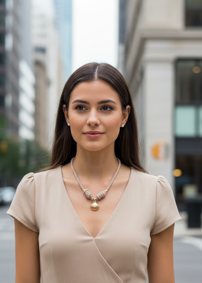 Halskette aus Seil beige mit Muschelanhänger aus Edelstahl gold