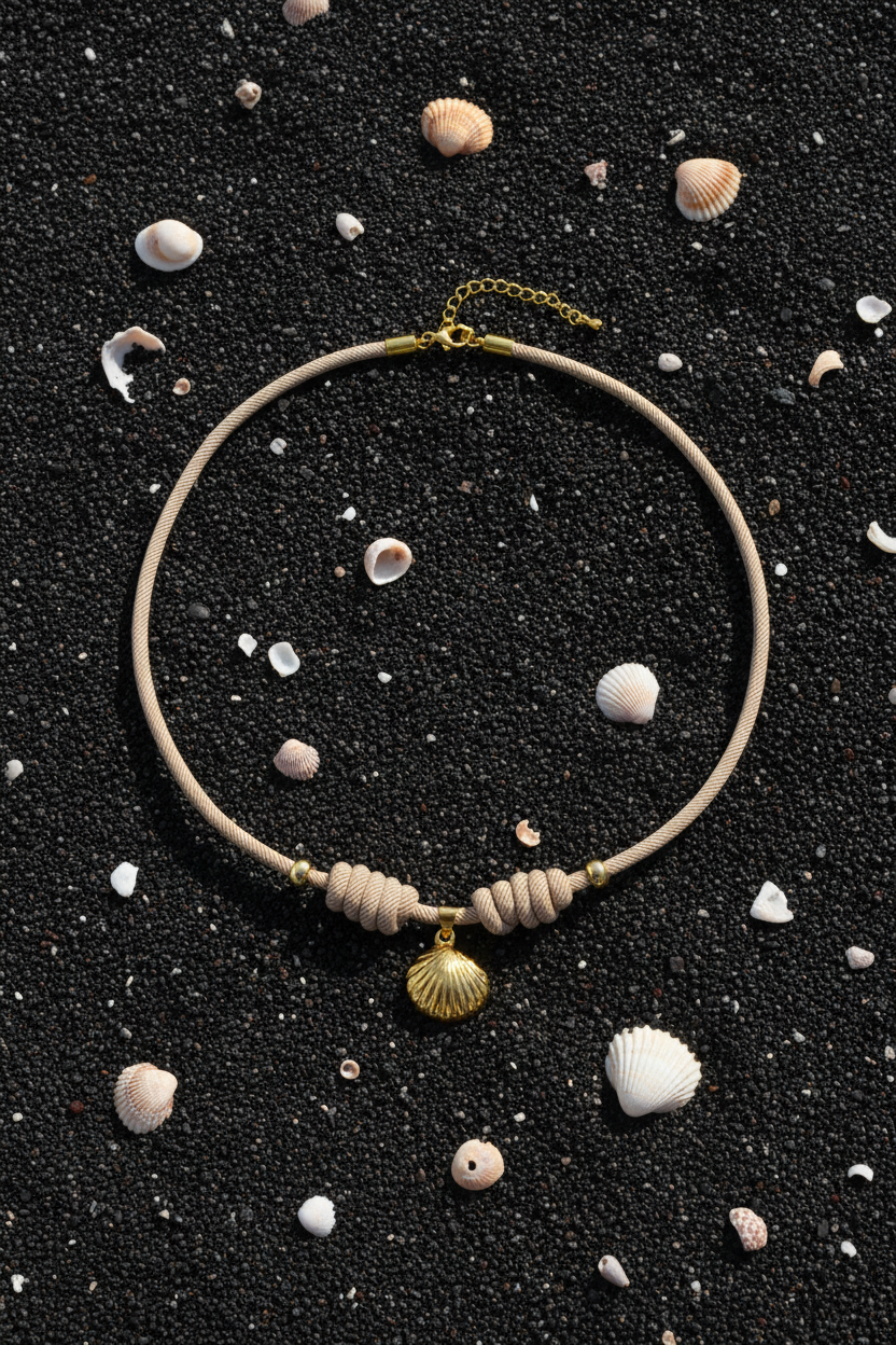 Halskette aus Seil beige mit Muschelanhänger aus Edelstahl gold