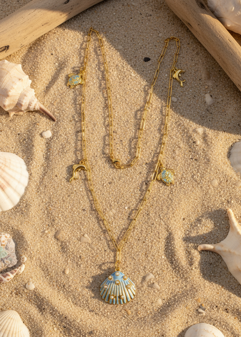 Halskette lang mit verschiedenen Charms goldfarben/hellblau