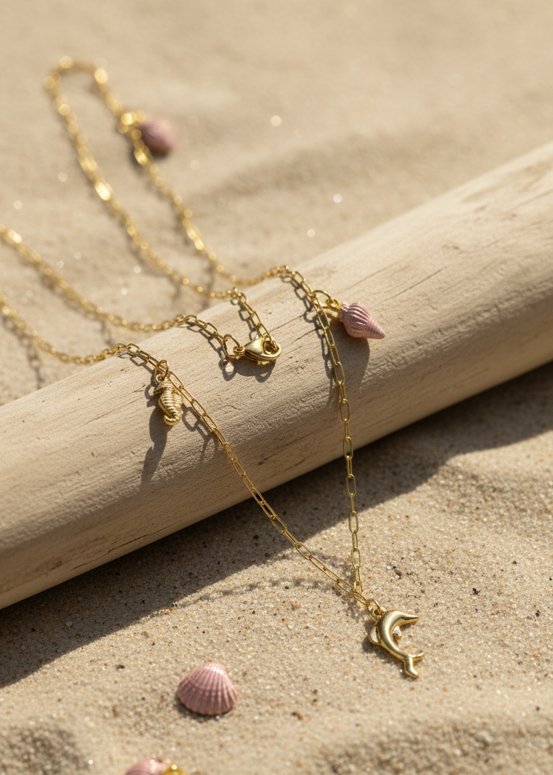 Halskette lang mit verschiedenen Charms goldfarben/rosa