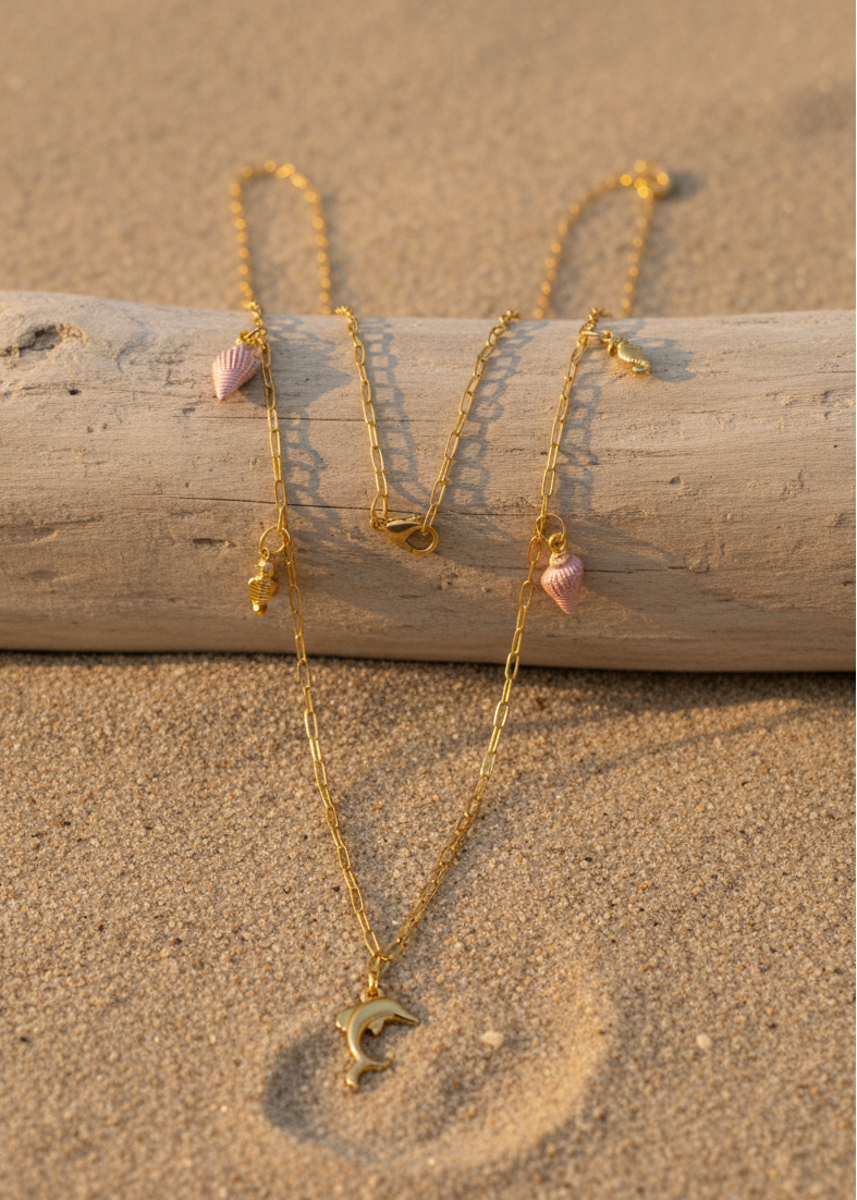 Halskette lang mit verschiedenen Charms goldfarben/rosa