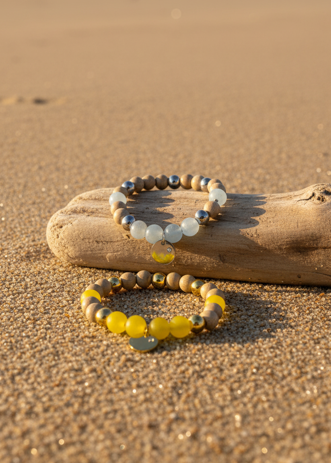 Armbänder aus Aquamarine/Citrin und Holz in 2 Grössen