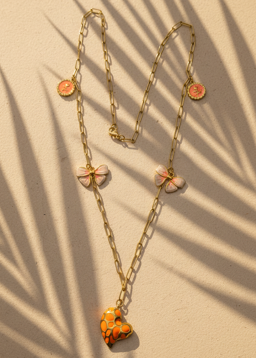 Halskette lang mit verschiedenen Charms goldfarben/orange