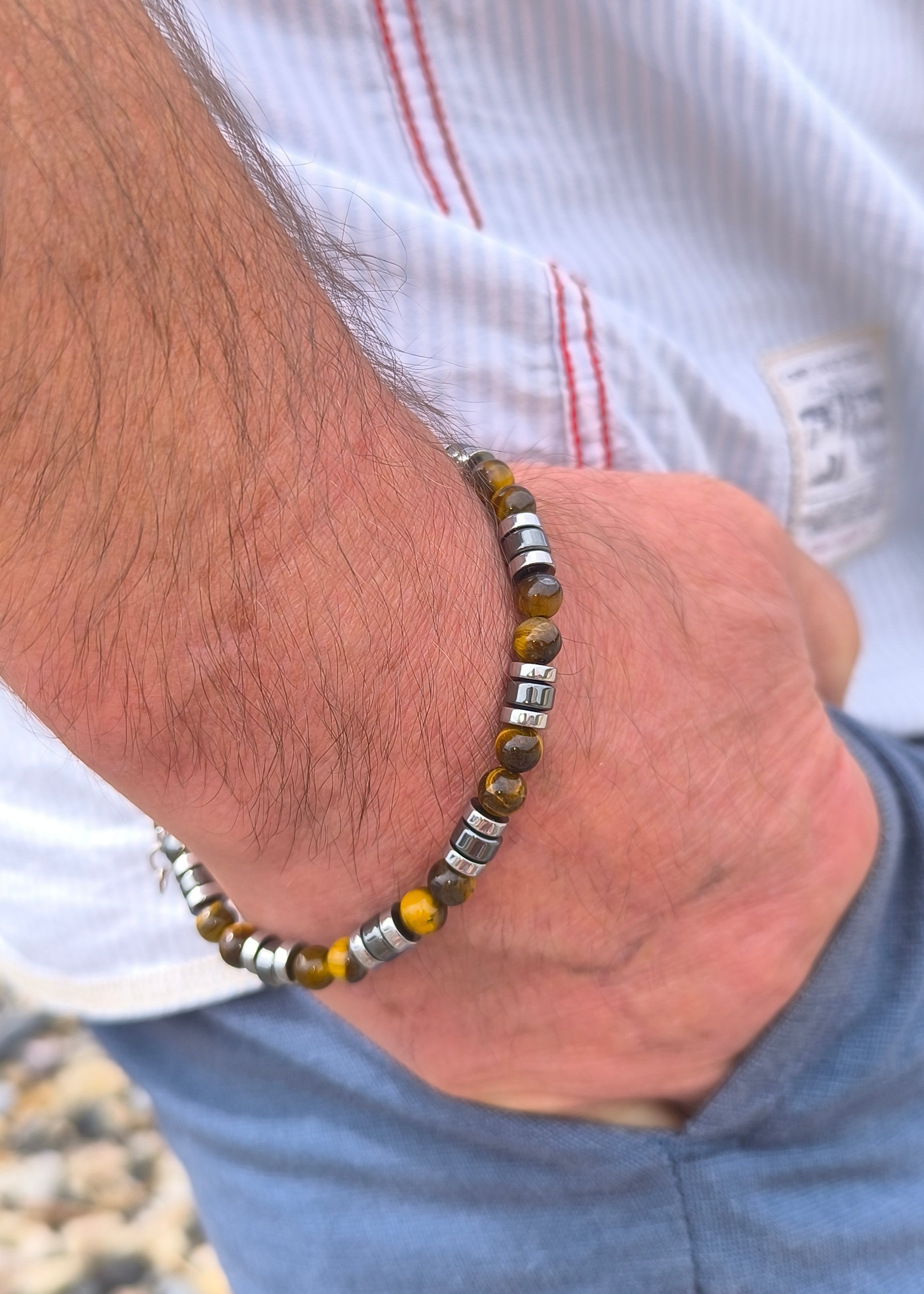 Perlen Armband mit gelben Tigeraugen und Hämatit