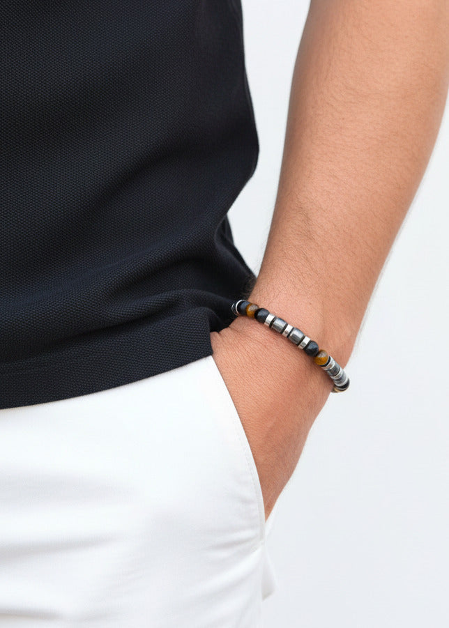 Perlen Armband mit gelben Tigeraugen, schwarzem Achat und Hämatit