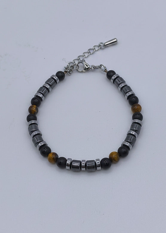 Perlen Armband mit gelben Tigeraugen, schwarzem Achat und Hämatit