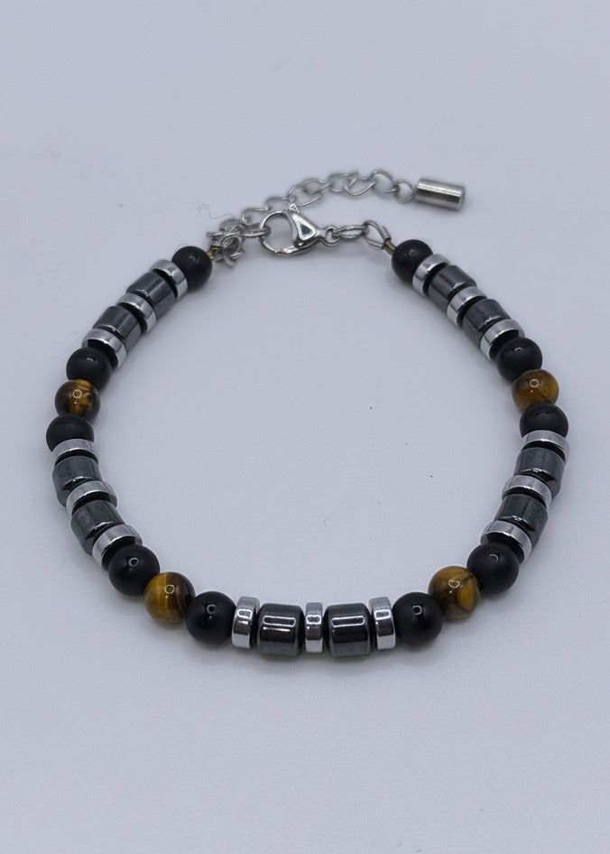 Perlen Armband mit gelben Tigeraugen, schwarzem Achat und Hämatit