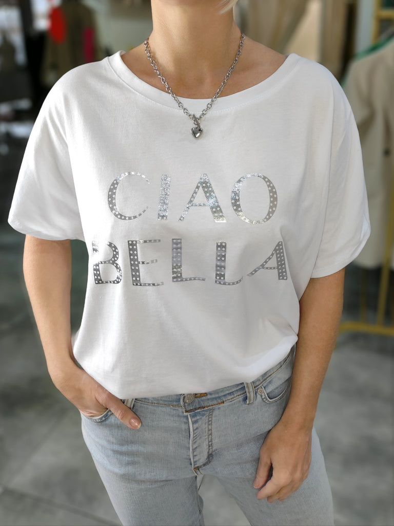 Weißes T-Shirt "Ciao Bella" silber (36-42)
