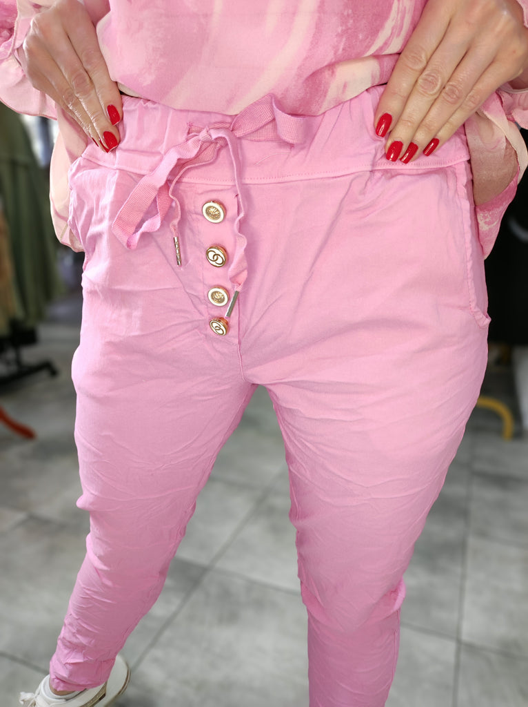 Stretch Hose Damen - Rosa Stretchhose mit Zierknöpfen