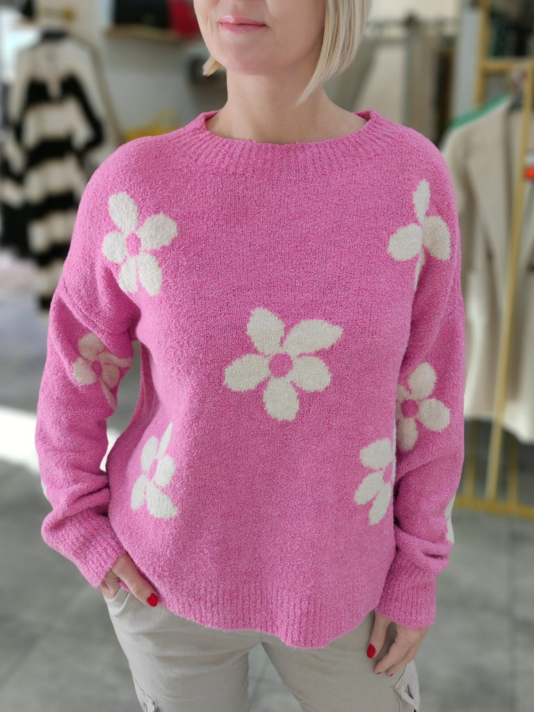 Modischer Damen Pullover mit Blumenmuster rosa