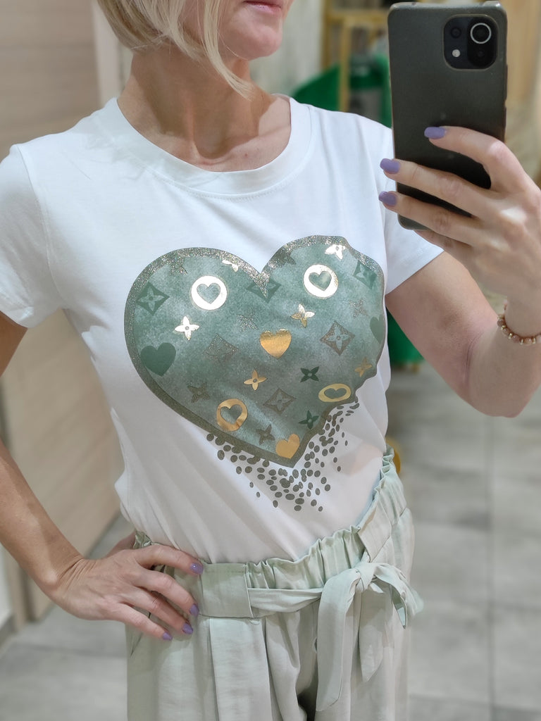 T-Shirt mit Herz Print in Grün und Gold (34-38)