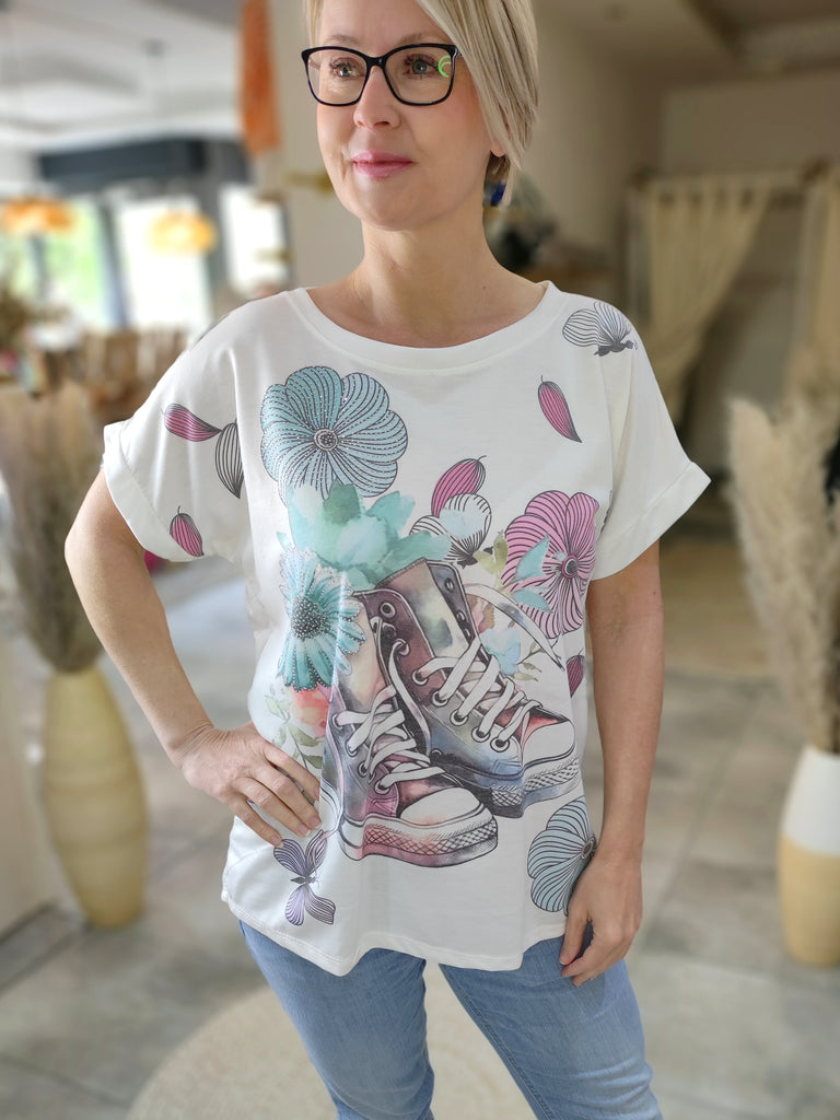 T-Shirt "Flower" mit Print und Steinen (36-42)
