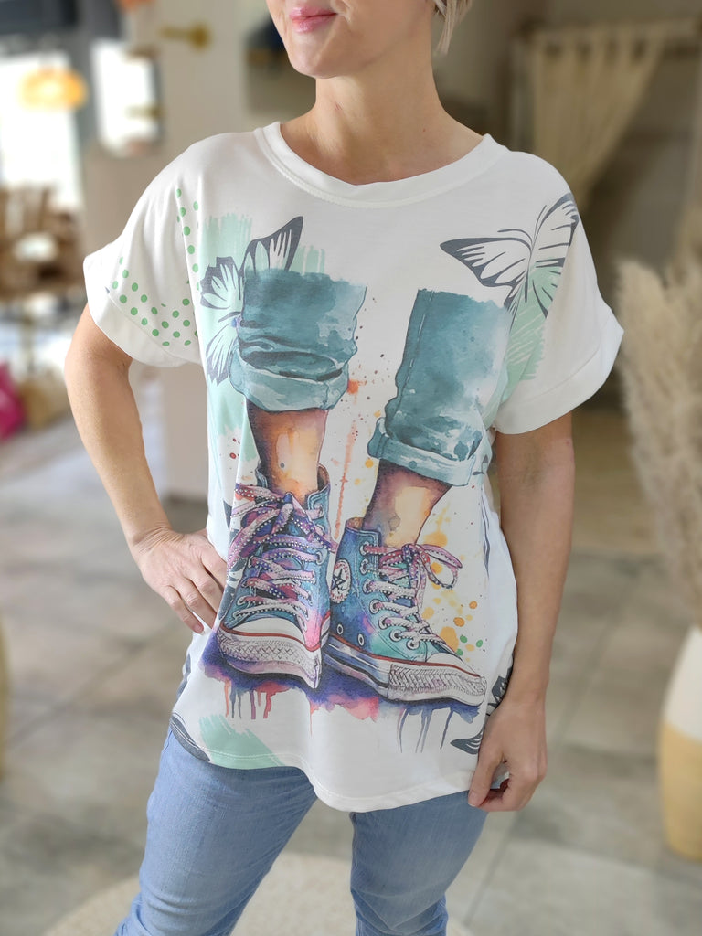 T-Shirt "Butterfly" mit Print und Steinen (36-42)