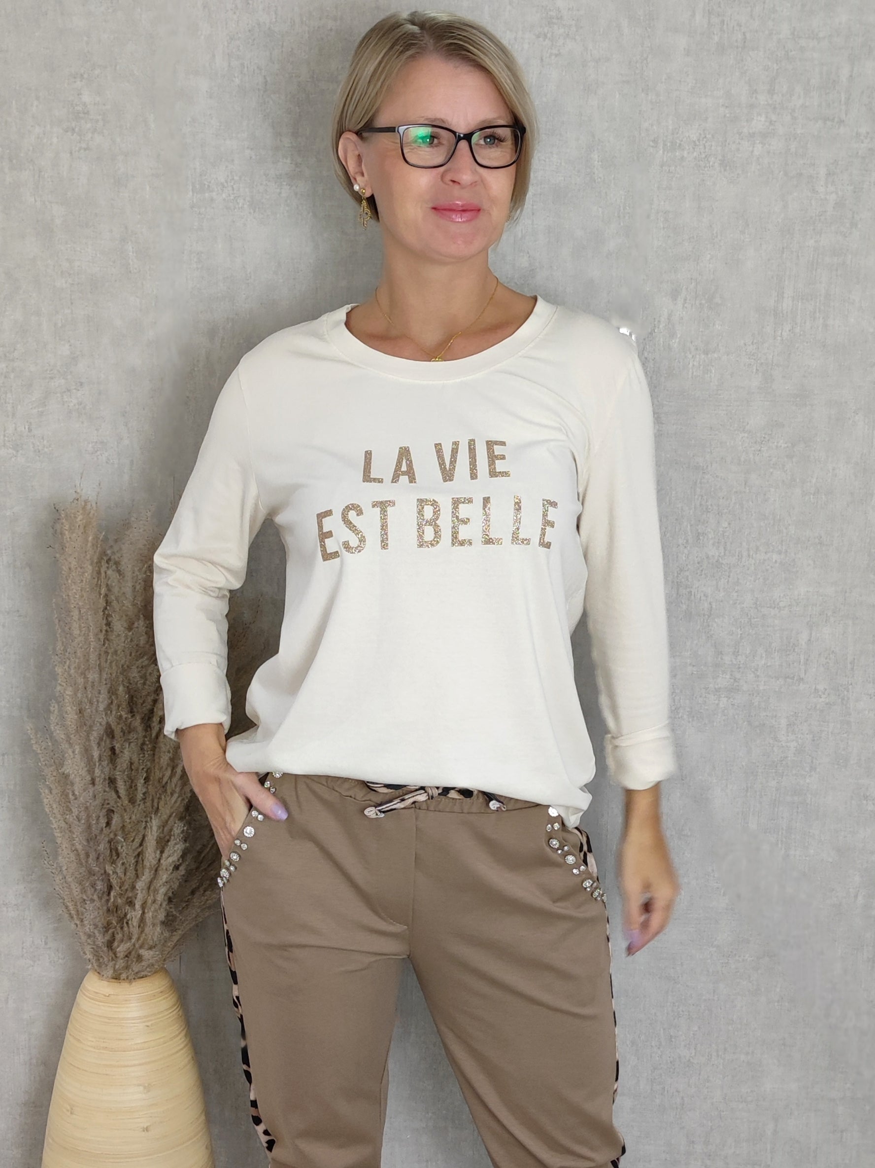 Langarmshirt " La vie"  hellbeige-gold (36-42)