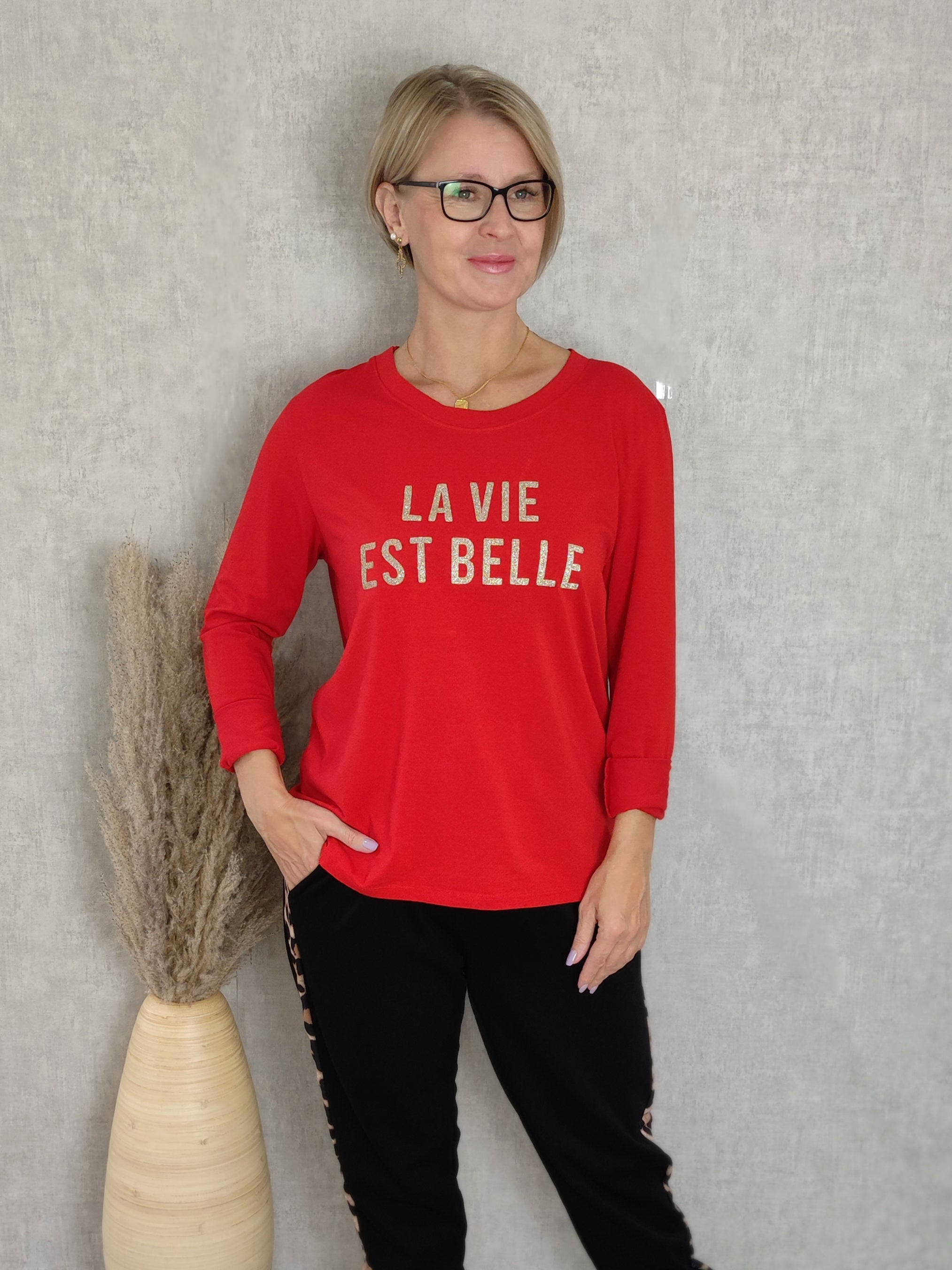 Langarmshirt " La vie"  rot-gold (36-42)