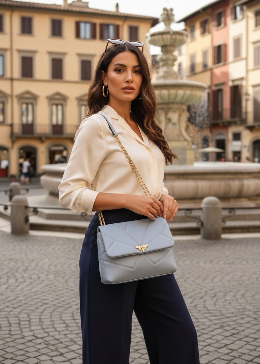 Hochwertige Lederhandtasche Biene, hellblau